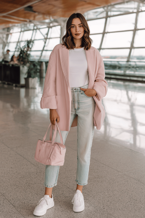 a woman at a modern airport terminal, wearing a soft blush pink oversized blazer, white fitted tee, high-waist light wash jeans, and white sneakers, small pink leather handbag