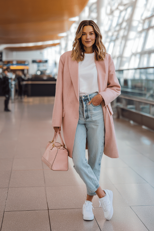 a woman at a modern airport terminal, wearing a soft blush pink oversized blazer, white fitted tee, high-waist light wash jeans, and white sneakers, small pink leather handbag