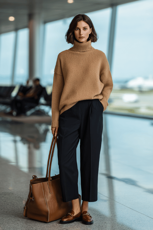 a woman at a modern airport terminal, wearing a soft camel cashmere turtleneck sweater, tailored wide-leg dark trousers, and cognac leather loafers, structured leather tote bag beside her