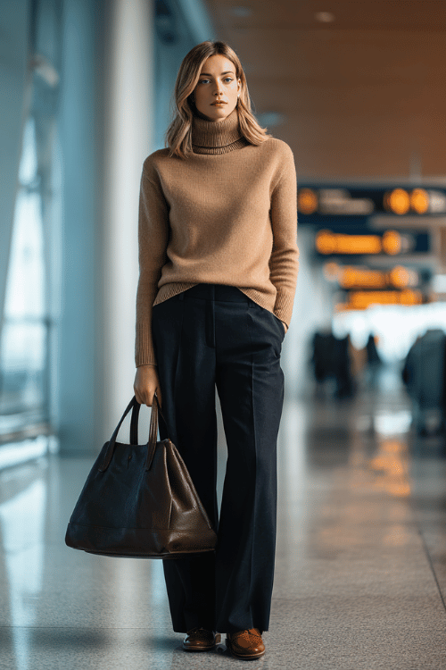 a woman at a modern airport terminal, wearing a soft camel cashmere turtleneck sweater, tailored wide-leg dark trousers, and cognac leather loafers