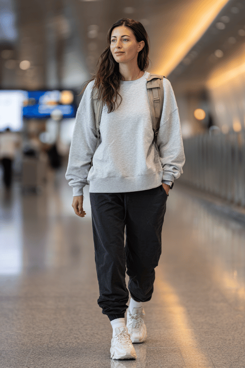 a woman at a modern airport terminal, wearing a soft heather grey oversized crewneck sweatshirt, straight-leg dark jogger pants, and fresh white chunky sneakers