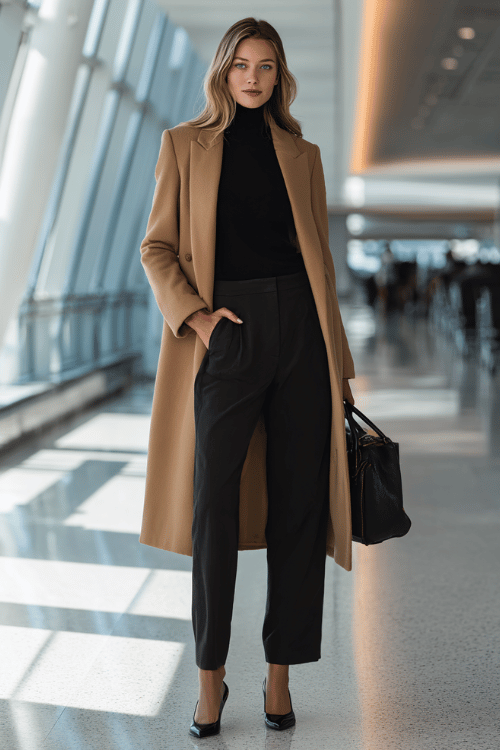 a woman at a modern airport terminal, wearing a tailored camel wool coat, black fitted turtleneck, straight-leg dark trousers, and black pointed-toe leather heels 