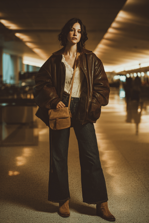 a woman at a moody, fog-lit airport terminal, wearing a oversized vintage brown leather jacket, cream lace-trim camisole, wide-leg dark denim jeans, and worn-in tan cowboy boots 