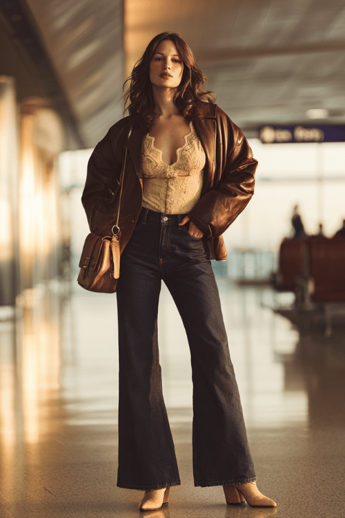 a woman at a moody, fog-lit airport terminal, wearing a oversized vintage brown leather jacket, cream lace-trim camisole, wide-leg dark denim jeans, and worn-in tan cowboy boots 
