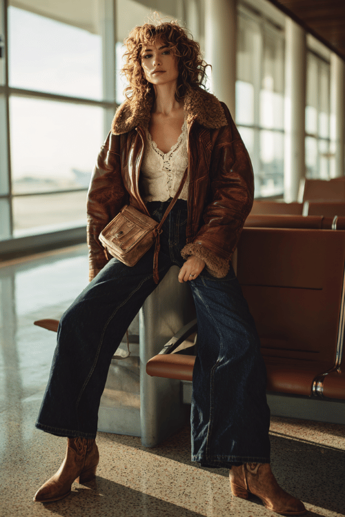 a woman at a moody, fog-lit airport terminal, wearing a oversized vintage brown leather jacket, cream lace-trim camisole, wide-leg dark denim jeans, and worn-in tan cowboy boots