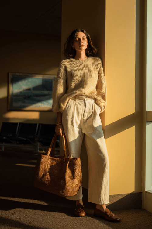 a woman at a sunlit airport terminal, wearing a warm coastal grandmother aesthetic fall outfit soft oatmeal linen wide-leg trousers, cream chunky knit oversized sweater 