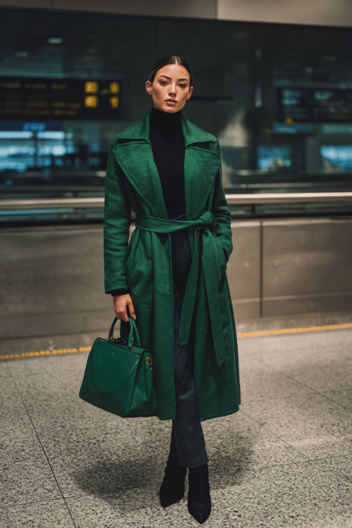 a woman at an airport arrivals hall, dressed in a rich jewel-toned fall aesthetic deep emerald green belted wool coat, black fitted turtleneck, slim dark trousers, and black pointed-toe ankle boots