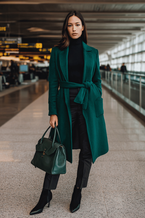 a woman at an airport arrivals hall, dressed in a rich jewel-toned fall aesthetic deep emerald green belted wool coat, black fitted turtleneck, slim dark trousers