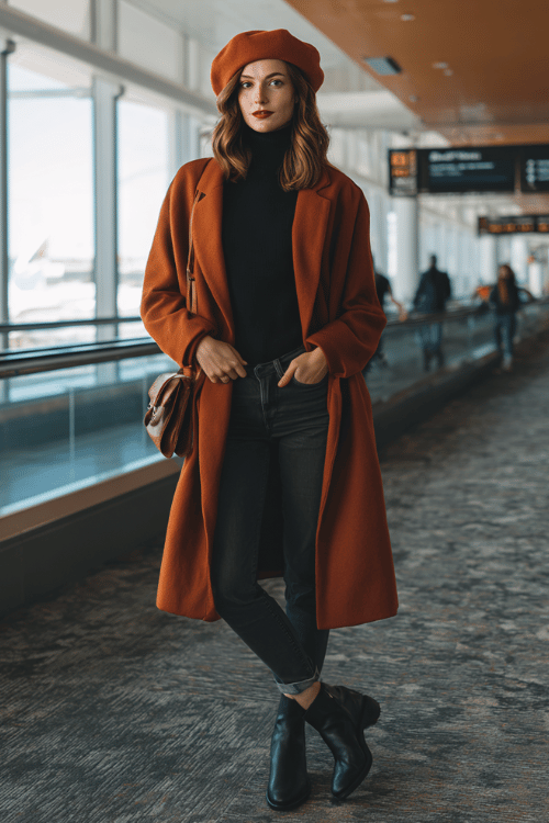 a woman at an airport arrivals hall, wearing a bold rust-orange wool beret, matching rust-orange longline coat, black fitted turtleneck, slim dark jeans, and black Chelsea boots