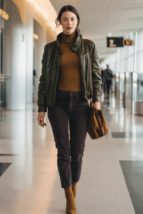 a woman at an airport arrivals hall, wearing a deep olive leather jacket, burnt sienna ribbed turtleneck, slim-fit dark trousers, and cognac pointed-toe ankle boots 