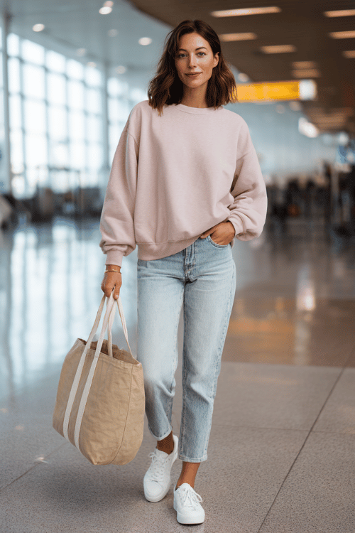 a woman at an airport arrivals hall, wearing a soft blush pink oversized crewneck sweatshirt, light wash straight-leg jeans, white slip-on sneakers, and a tan canvas tote bag