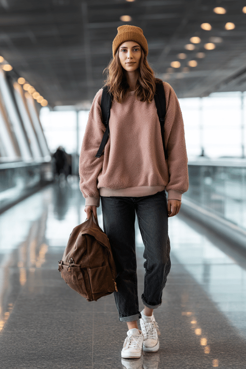 a woman at an airport arrivals hall, wearing a soft blush pink oversized fleece pullover, straight-leg dark jeans, white sneakers, and a camel wool beanie, leather backpack in hand
