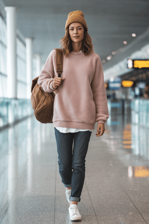 a woman at an airport arrivals hall, wearing a soft blush pink oversized fleece pullover, straight-leg dark jeans, white sneakers, and a camel wool beanie, leather backpack in hand