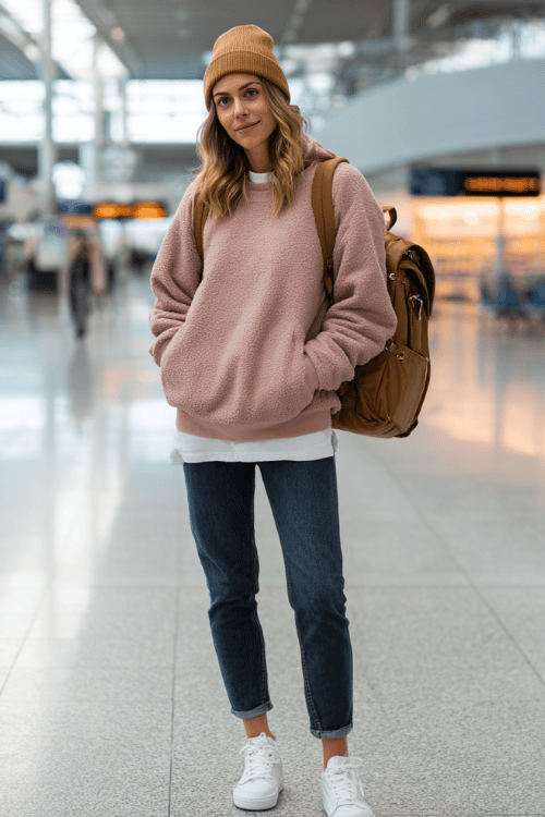 a woman at an airport arrivals hall, wearing a soft blush pink oversized fleece pullover, straight-leg dark jeans, white sneakers, and a camel wool beanie, leather backpack in hand