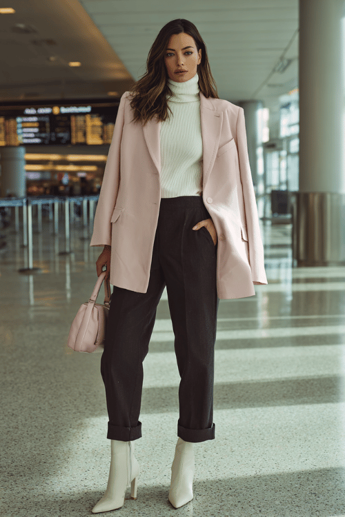 a woman at an airport arrivals hall, wearing a soft blush pink oversized structured blazer, white fitted turtleneck, straight-leg dark tailored trousers, and neutral pointed-toe heeled boots 
