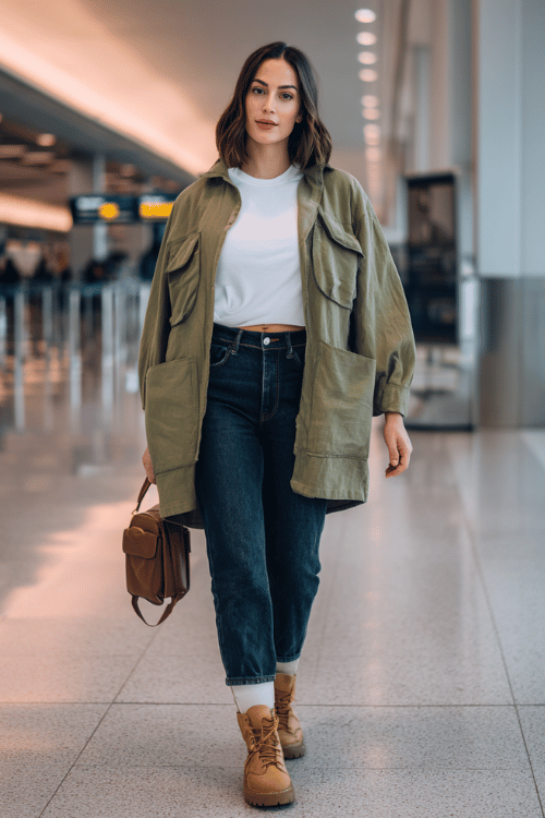 a woman at an airport arrivals hall, wearing a soft sage green oversized shacket, white fitted crop tee, high-waist dark mom jeans, tan lug-sole ankle boots
