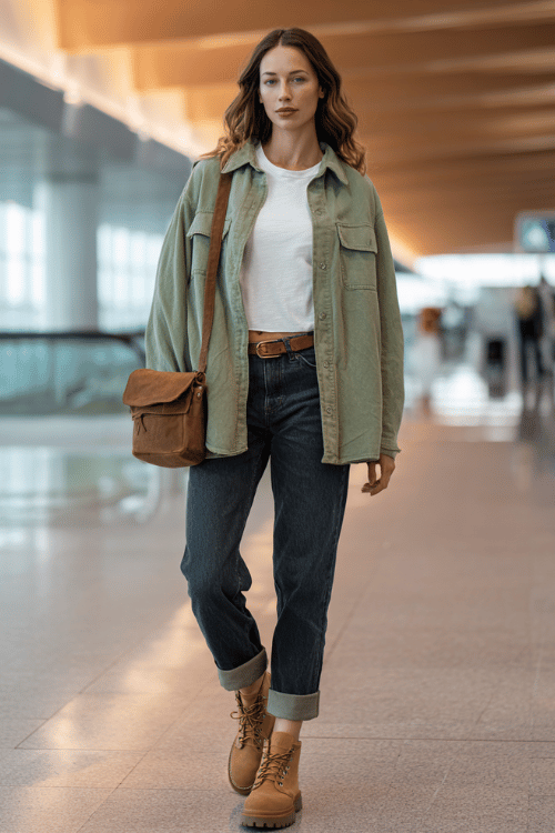a woman at an airport arrivals hall, wearing a soft sage green oversized shacket, white fitted crop tee, high-waist dark mom jeans, tan lug-sole ankle boots