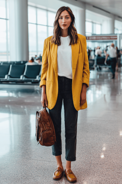 a woman at an airport arrivals hall, wearing a warm mustard yellow oversized blazer, white fitted long-sleeve top, straight-leg dark trousers, and cognac leather loafers