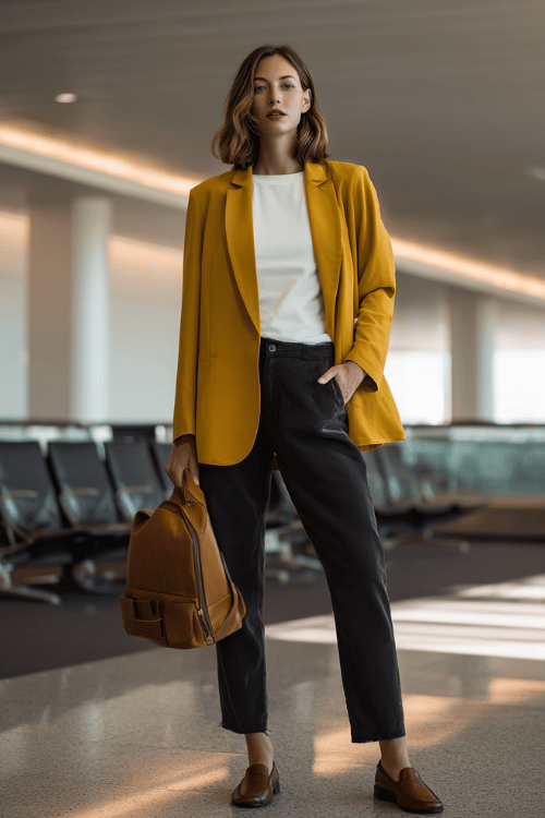 a woman at an airport arrivals hall, wearing a warm mustard yellow oversized blazer, white fitted long-sleeve top, straight-leg dark trousers,
