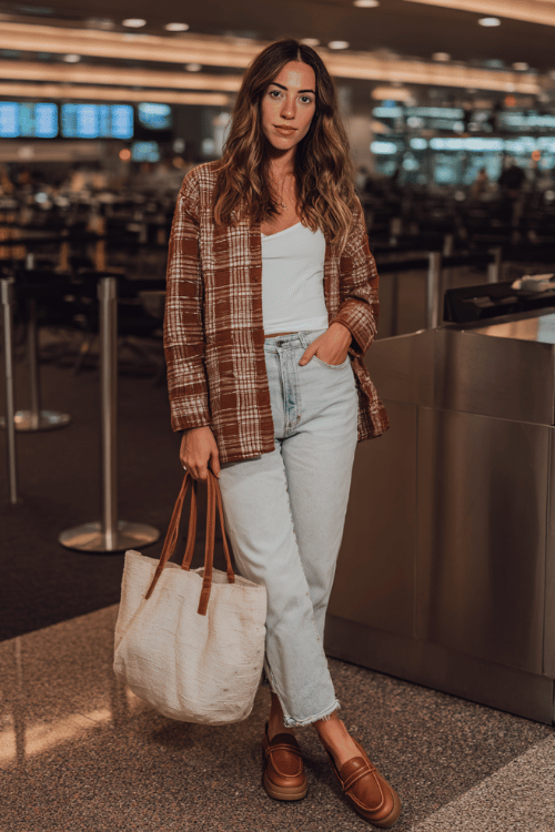 a woman at an airport check-in counter, styled in a cinnamon brown plaid shacket, white long-sleeve fitted tee, light wash wide-leg jeans, and cognac lug-sole loafers, canvas tote bag