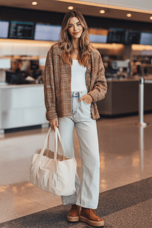 a woman at an airport check-in counter, styled in a cinnamon brown plaid shacket, white long-sleeve fitted tee, light wash wide-leg jeans, and cognac lug-sole loafers