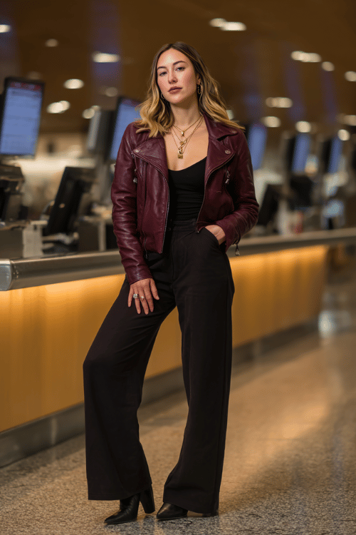 a woman at an airport check-in counter, styled in a deep burgundy leather jacket, black fitted bodysuit, wide-leg dark trousers, and black pointed-toe heeled boots