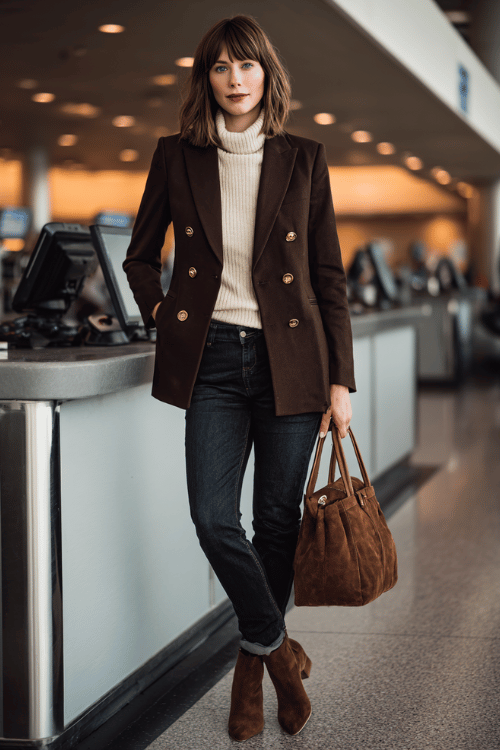 a woman at an airport check-in counter, styled in a rich chocolate brown double-breasted wool blazer, cream ribbed turtleneck, straight-leg dark jeans, and brown suede pointed-toe ankle boots 