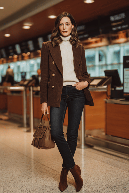 a woman at an airport check-in counter, styled in a rich chocolate brown double-breasted wool blazer, cream ribbed turtleneck, straight-leg dark jeans, and brown suede pointed-toe ankle boots 