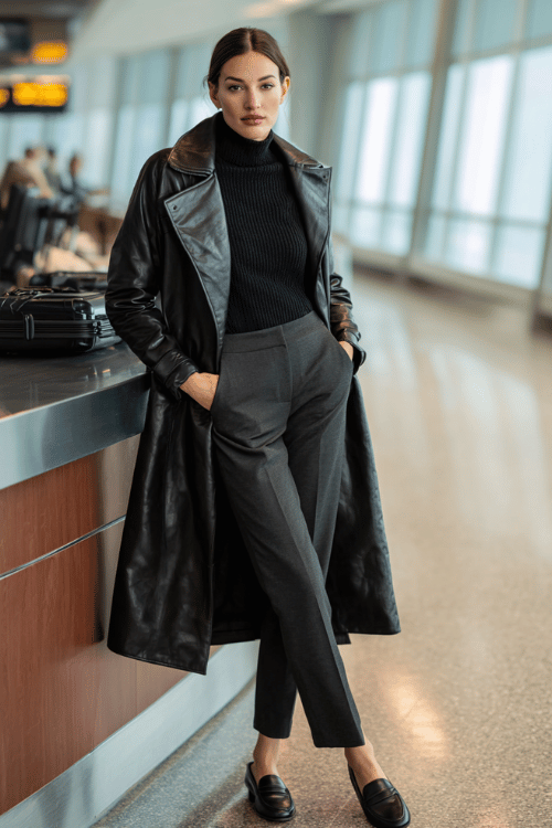 a woman at an airport check-in counter, styled in a sleek black leather trench coat worn open, black ribbed turtleneck, tailored charcoal trousers, and black leather loafers 