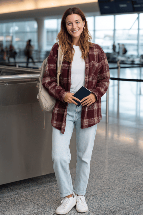 a woman at an airport check-in counter, styled in a warm burgundy oversized flannel shirt worn open over a white fitted tee, straight-leg light wash jeans, and white platform sneakers