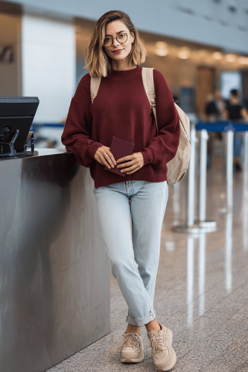 a woman at an airport check-in counter, styled in a warm burgundy pullover sweater, light wash straight-leg jeans, and beige platform sneakers, small backpack and passport in hand