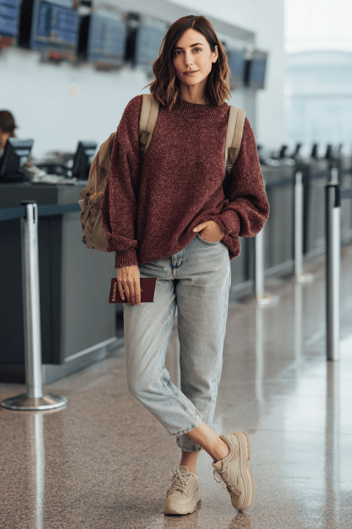 a woman at an airport check-in counter, styled in a warm burgundy pullover sweater, light wash straight-leg jeans, and beige platform sneakers, small backpack and passport in hand