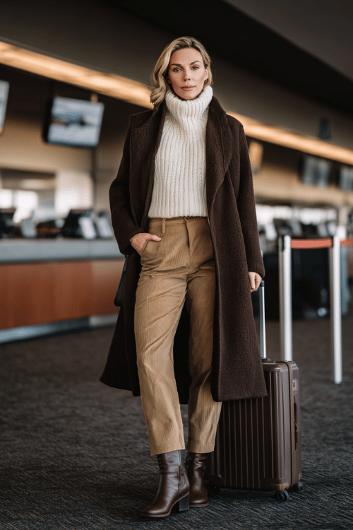 a woman at an airport check-in counter, styled in a warm chocolate brown wrap coat, ivory ribbed turtleneck, straight-leg camel trousers, and brown flat knee-high boots