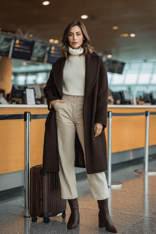 a woman at an airport check-in counter, styled in a warm chocolate brown wrap coat, ivory ribbed turtleneck, straight-leg camel trousers, and brown flat knee-high boots