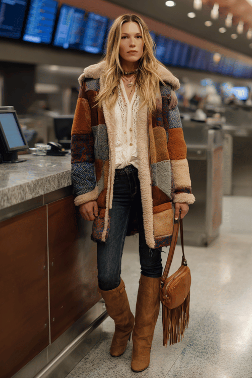 a woman at an airport check-in counter, wearing a rich bohemian fall aesthetic outfit oversized patchwork shearling coat in warm earth tones, dark flared jeans, cream lace-trim blouse