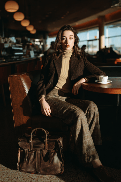a woman at an airport coffee shop, wearing a cozy dark academia aesthetic outfit deep brown herringbone blazer, cream ribbed turtleneck, plaid straight-leg trousers