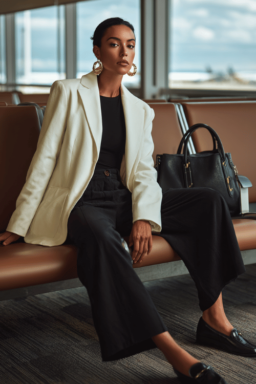 a woman at an airport gate seating area, dressed in a cream white oversized wool blazer, black fitted bodysuit, high-waist wide-leg dark trousers, and black leather loafers 