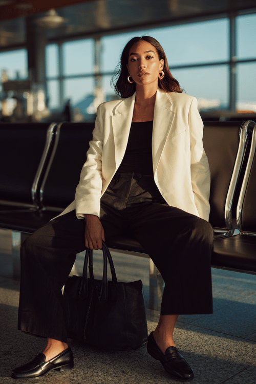 a woman at an airport gate seating area, dressed in a cream white oversized wool blazer, black fitted bodysuit, high-waist wide-leg dark trousers, and black leather loafers