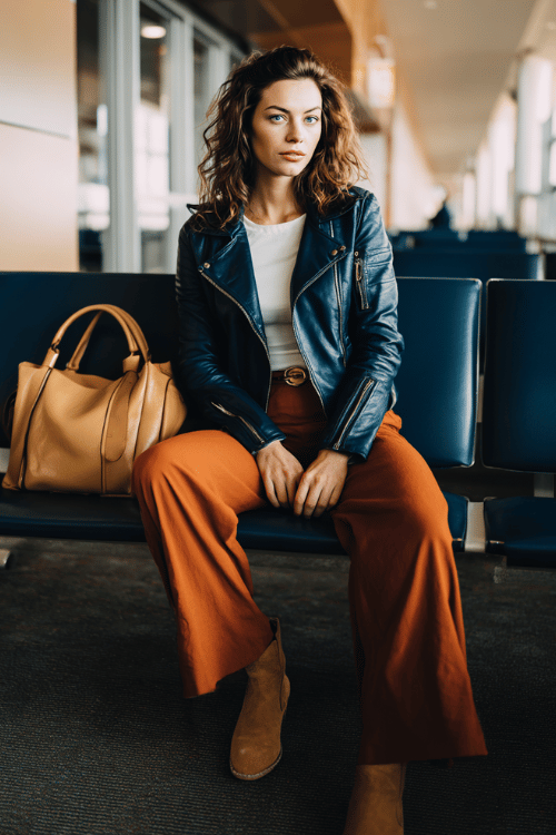 a woman at an airport gate seating area, dressed in a deep navy blue leather jacket, white fitted tee, rust-orange wide-leg trousers, and tan Chelsea boots, oversized tote beside her