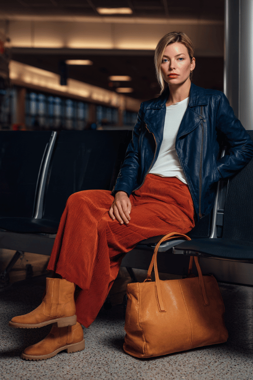 a woman at an airport gate seating area, dressed in a deep navy blue leather jacket, white fitted tee, rust-orange wide-leg trousers, and tan Chelsea boots