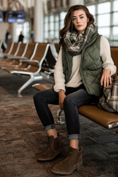 a woman at an airport gate seating area, dressed in a forest green quilted puffer vest over a cream chunky knit sweater, dark slim jeans, and brown Chelsea boots