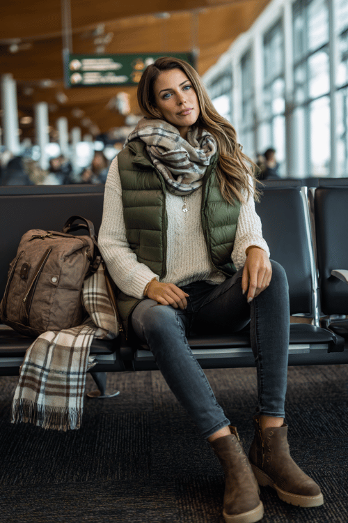 a woman at an airport gate seating area, dressed in a forest green quilted puffer vest over a cream chunky knit sweater, dark slim jeans, and brown Chelsea boots