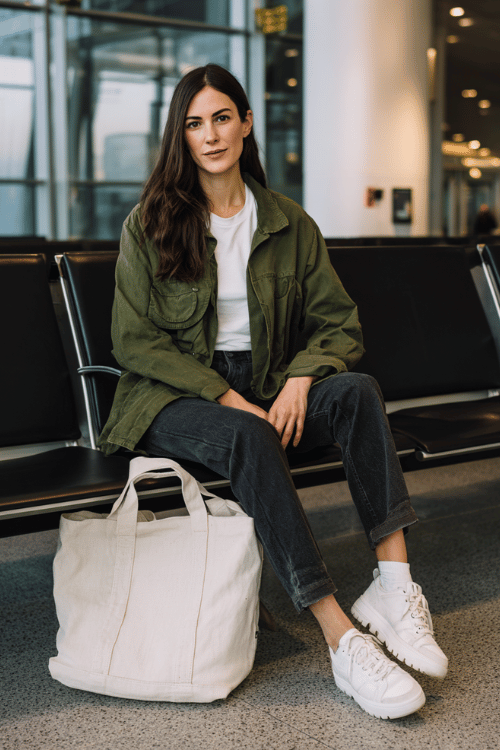a woman at an airport gate seating area, dressed in a forest green utility jacket, white fitted long-sleeve tee, straight-leg dark jeans, and white chunky sneakers