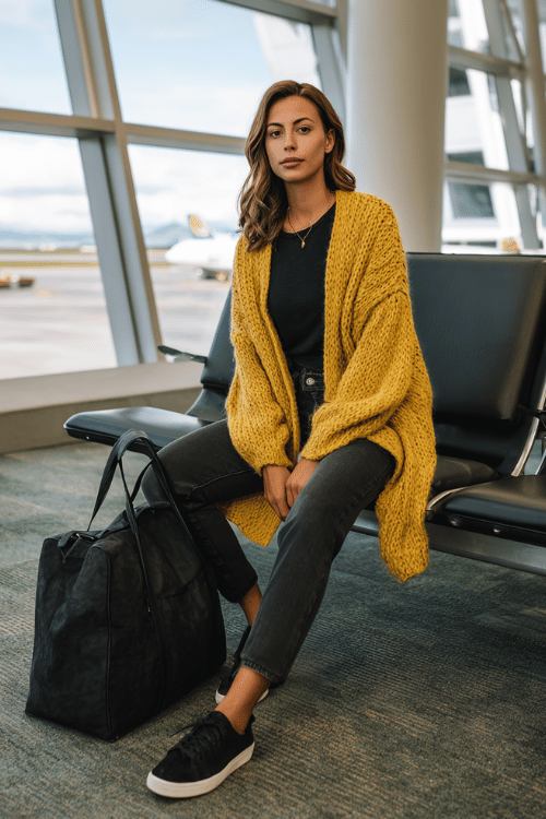 a woman at an airport gate seating area, dressed in a mustard yellow oversized knit cardigan, black fitted tee, dark straight-leg jeans, and black slip-on sneakers