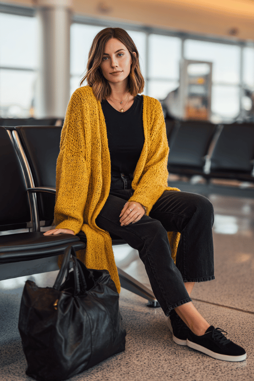 a woman at an airport gate seating area, dressed in a mustard yellow oversized knit cardigan, black fitted tee, dark straight-leg jeans, and black slip-on sneakers
