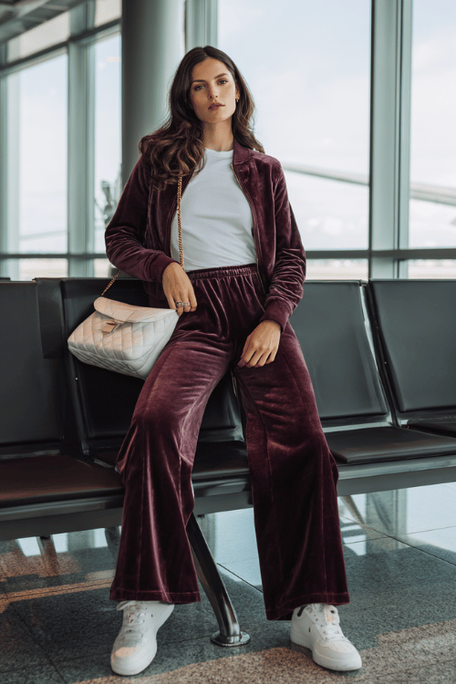 a woman at an airport gate seating area, dressed in a rich plum velvet tracksuit with wide-leg trousers and a zip-up jacket, white fitted tee underneath, and white leather sneakers 