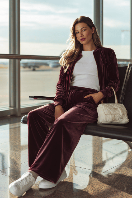 a woman at an airport gate seating area, dressed in a rich plum velvet tracksuit with wide-leg trousers and a zip-up jacket, white fitted tee underneath, and white leather sneakers