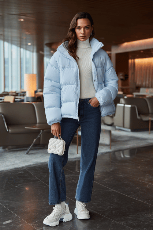 a woman at an airport lounge, wearing a baby blue puffer jacket, white ribbed turtleneck, straight-leg dark jeans, and white chunky sneakers, small quilted crossbody bag