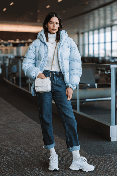 a woman at an airport lounge, wearing a baby blue puffer jacket, white ribbed turtleneck, straight-leg dark jeans, and white chunky sneakers, small quilted crossbody bag