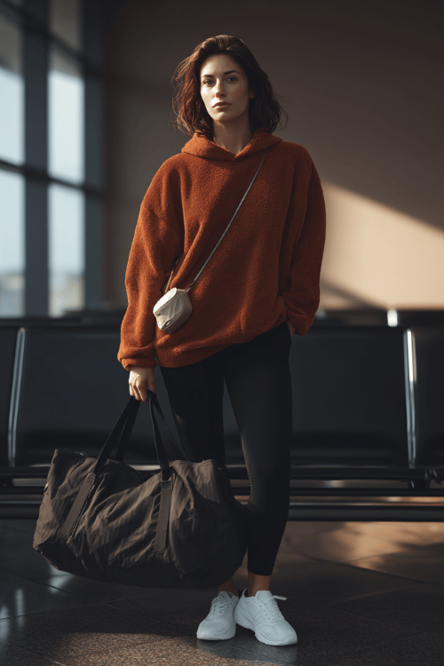 a woman at an airport lounge, wearing a cozy rust-orange fleece pullover, black ribbed leggings, and white lug-sole sneakers, duffle bag at her feet, small crossbody bag